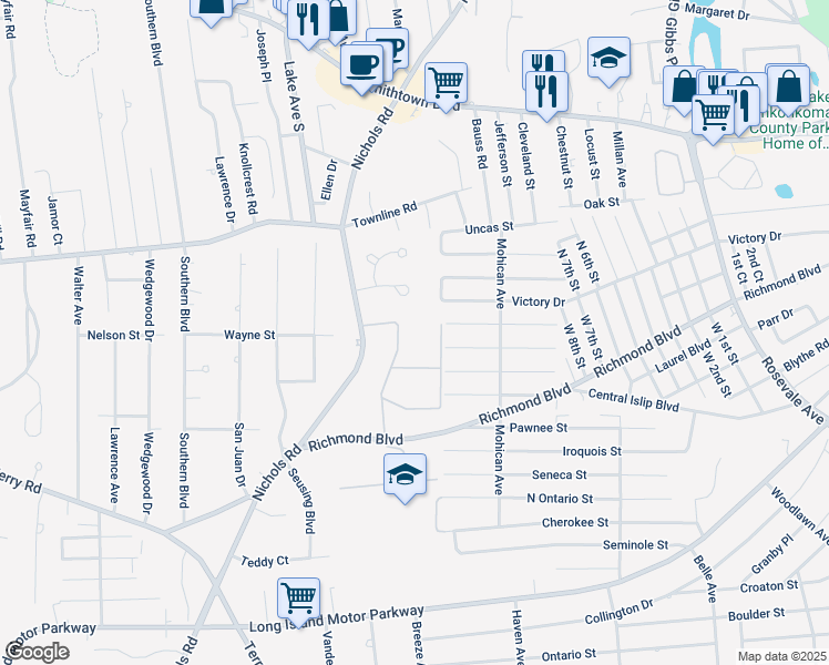 map of restaurants, bars, coffee shops, grocery stores, and more near 89 Richmond Boulevard in Ronkonkoma