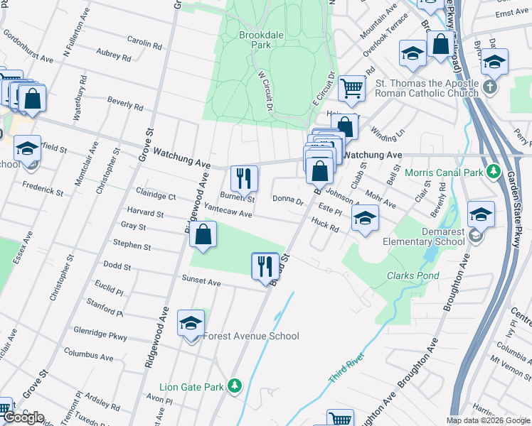 map of restaurants, bars, coffee shops, grocery stores, and more near 62 Yantecaw Avenue in Bloomfield