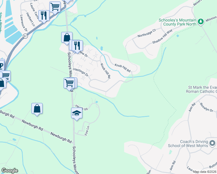 map of restaurants, bars, coffee shops, grocery stores, and more near 17 Knob Hill Road in Hackettstown