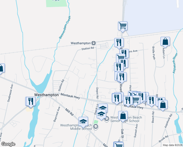 map of restaurants, bars, coffee shops, grocery stores, and more near 49 Depot Road in Westhampton Beach