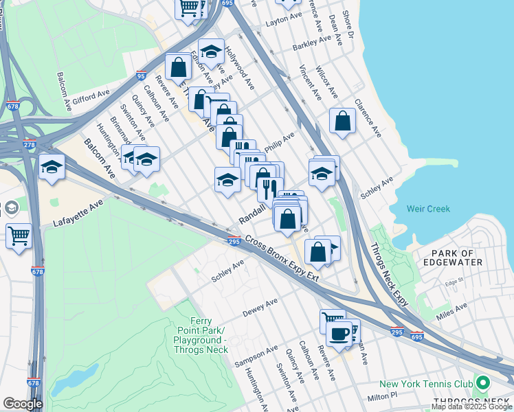 map of restaurants, bars, coffee shops, grocery stores, and more near 2881 Randall Avenue in Bronx