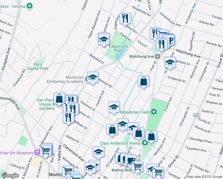 map of restaurants, bars, coffee shops, grocery stores, and more near 18 Brunswick Road in Montclair