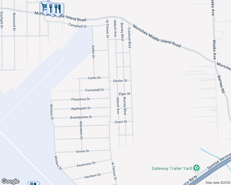 map of restaurants, bars, coffee shops, grocery stores, and more near 90 Abbott Avenue in Mastic