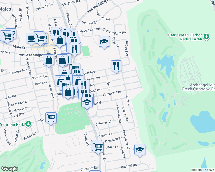 map of restaurants, bars, coffee shops, grocery stores, and more near 111 Elm Street in Port Washington