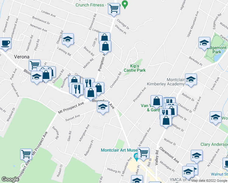 map of restaurants, bars, coffee shops, grocery stores, and more near 415 Claremont Avenue in Montclair