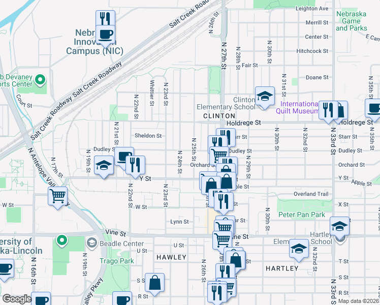map of restaurants, bars, coffee shops, grocery stores, and more near 1200 North 24th Street in Lincoln