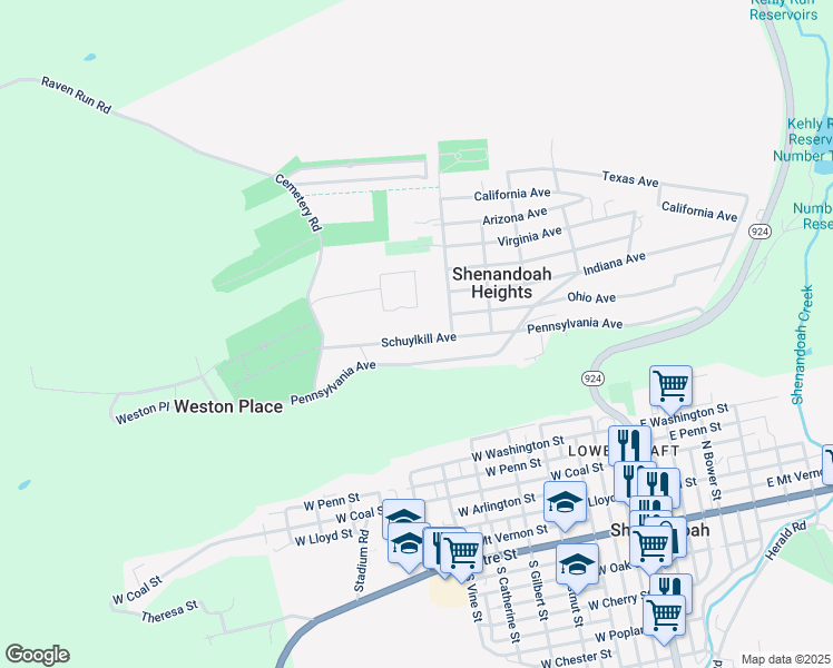 map of restaurants, bars, coffee shops, grocery stores, and more near 149 Schuylkill Avenue in Shenandoah