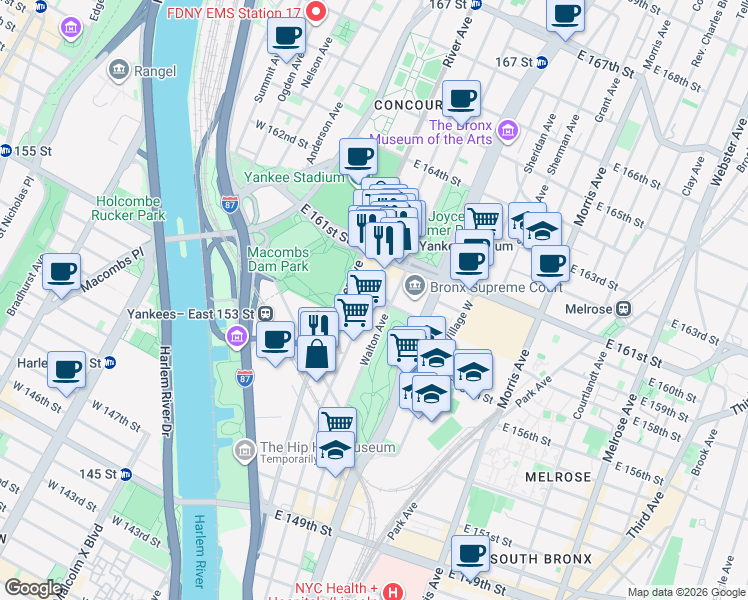 map of restaurants, bars, coffee shops, grocery stores, and more near 129 East 157th Street in The Bronx