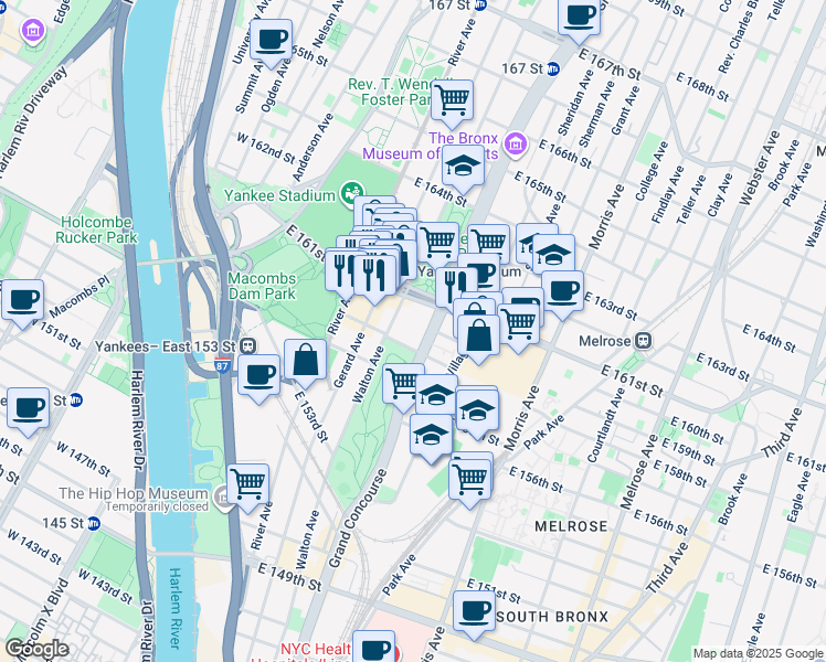 map of restaurants, bars, coffee shops, grocery stores, and more near 851 Grand Concourse in The Bronx