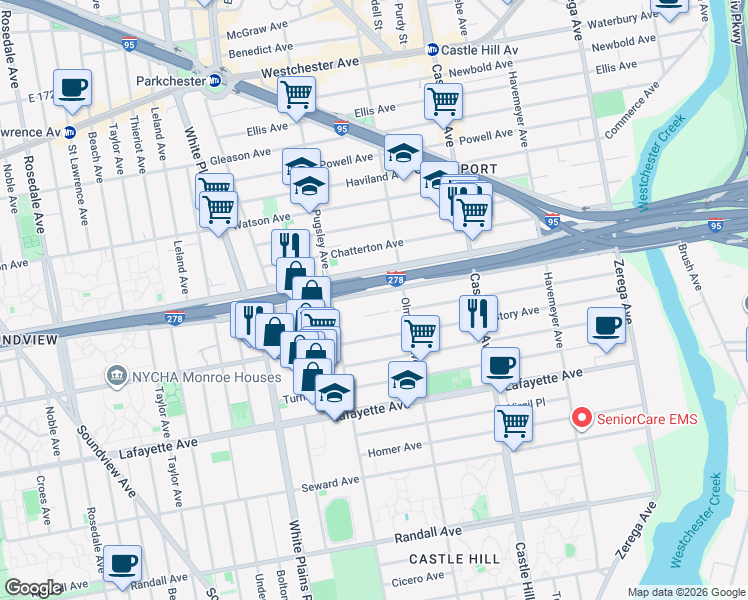 map of restaurants, bars, coffee shops, grocery stores, and more near 2042 Bruckner Boulevard in Bronx