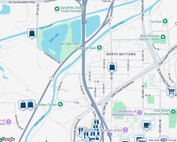 map of restaurants, bars, coffee shops, grocery stores, and more near 1211 North 7th Street in Lincoln