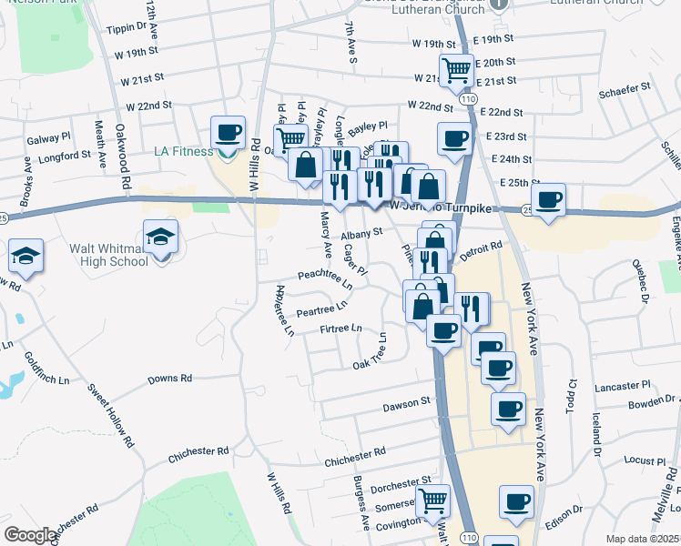 map of restaurants, bars, coffee shops, grocery stores, and more near 5 Elmtree Lane in Huntington Station