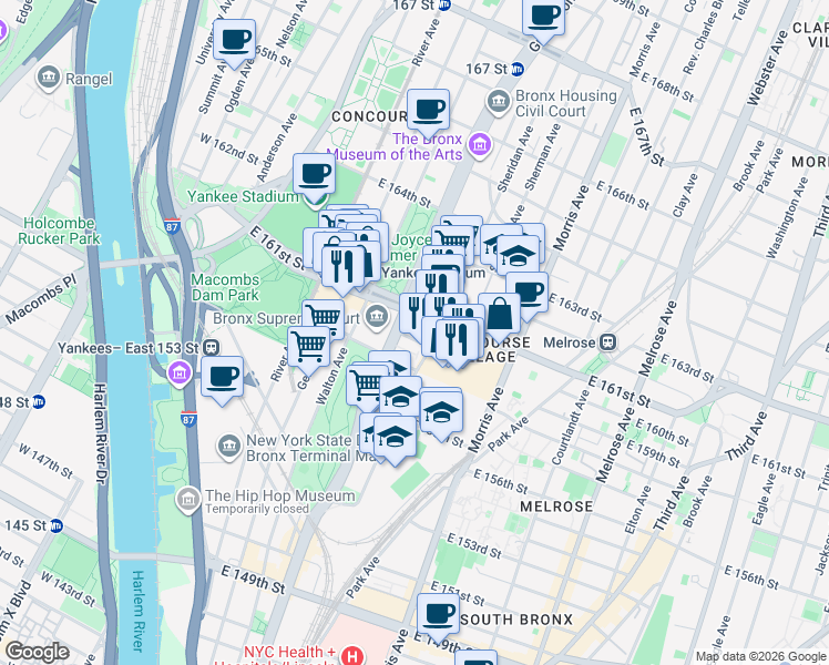 map of restaurants, bars, coffee shops, grocery stores, and more near 840 Grand Concourse in The Bronx
