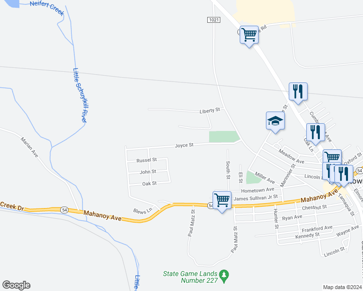 map of restaurants, bars, coffee shops, grocery stores, and more near Joyce Street in Hometown