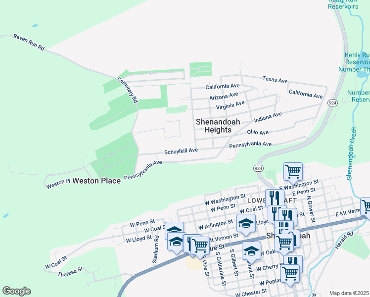 map of restaurants, bars, coffee shops, grocery stores, and more near 149 Schuylkill Avenue in Shenandoah