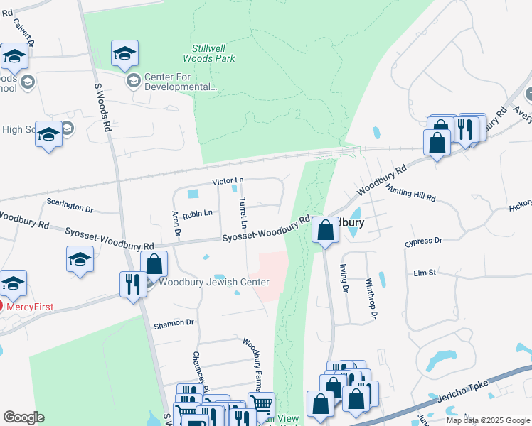 map of restaurants, bars, coffee shops, grocery stores, and more near 15 Castle Drive in Woodbury