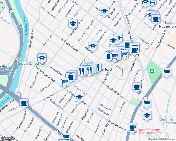 map of restaurants, bars, coffee shops, grocery stores, and more near in Rutherford