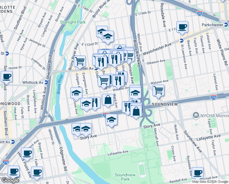 map of restaurants, bars, coffee shops, grocery stores, and more near 1048 Ward Avenue in Bronx