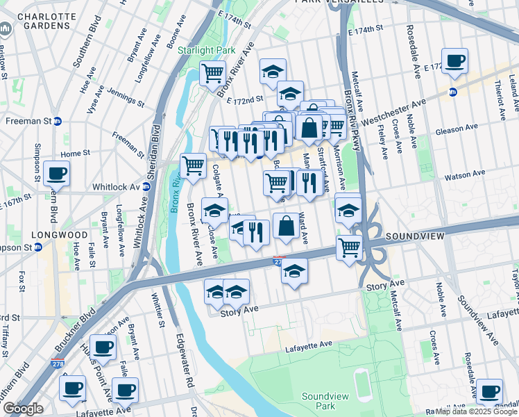 map of restaurants, bars, coffee shops, grocery stores, and more near 1067 Wheeler Avenue in Bronx