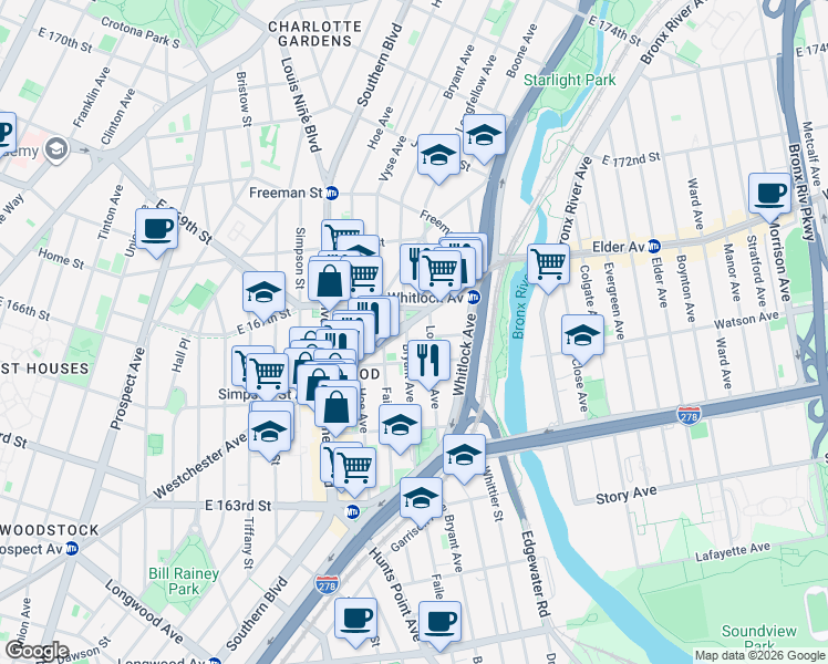 map of restaurants, bars, coffee shops, grocery stores, and more near 1074 Bryant Avenue in Bronx