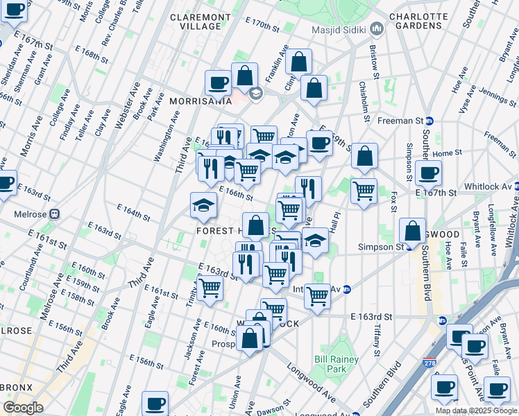 map of restaurants, bars, coffee shops, grocery stores, and more near 760 East 166th Street in The Bronx