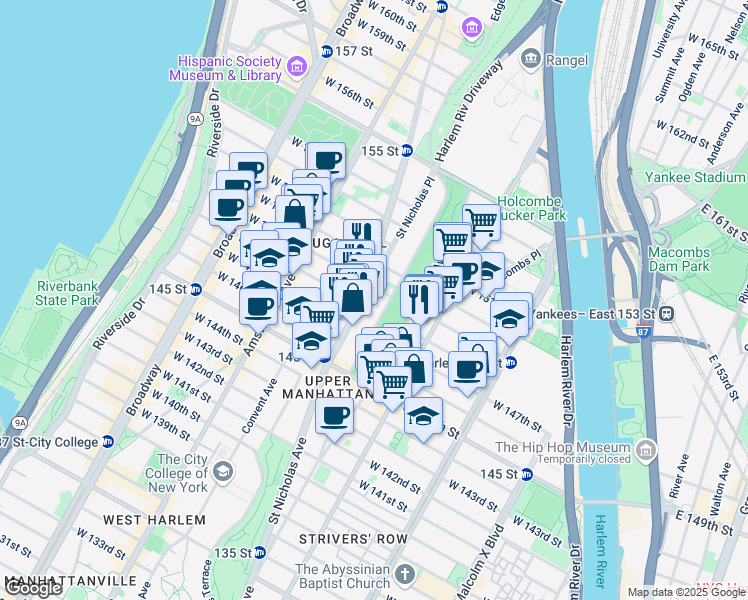 map of restaurants, bars, coffee shops, grocery stores, and more near 317 Edgecombe Avenue in New York