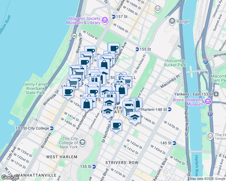 map of restaurants, bars, coffee shops, grocery stores, and more near 387 Convent Avenue in New York