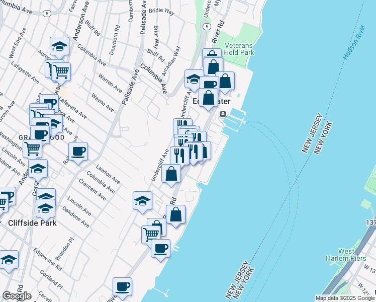 map of restaurants, bars, coffee shops, grocery stores, and more near 225 Edgewater Town Center in Edgewater