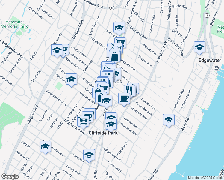 map of restaurants, bars, coffee shops, grocery stores, and more near 238 Crescent Lane in Cliffside Park