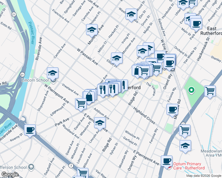 map of restaurants, bars, coffee shops, grocery stores, and more near in Rutherford