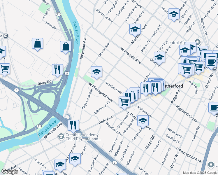 map of restaurants, bars, coffee shops, grocery stores, and more near 70 West Pierrepont Avenue in Rutherford