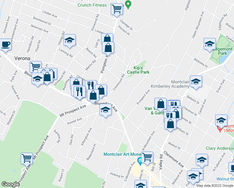 map of restaurants, bars, coffee shops, grocery stores, and more near 415 Claremont Avenue in Montclair