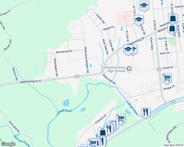 map of restaurants, bars, coffee shops, grocery stores, and more near 302 Mahoning Drive East in Lehighton