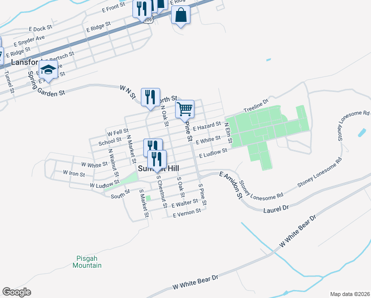 map of restaurants, bars, coffee shops, grocery stores, and more near 136 E Ludlow St in Summit Hill