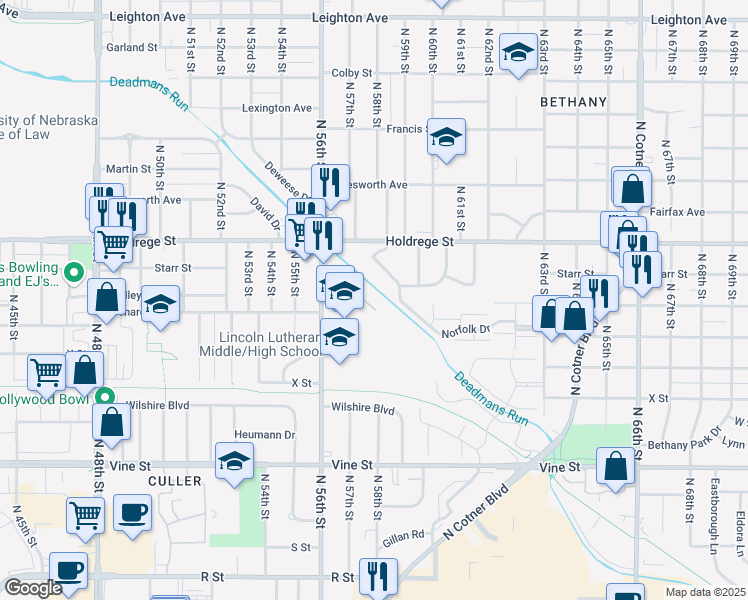 map of restaurants, bars, coffee shops, grocery stores, and more near 5720 Abbey Court in Lincoln
