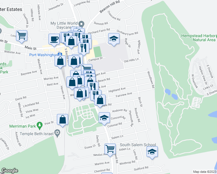 map of restaurants, bars, coffee shops, grocery stores, and more near 26 Park Avenue in Port Washington