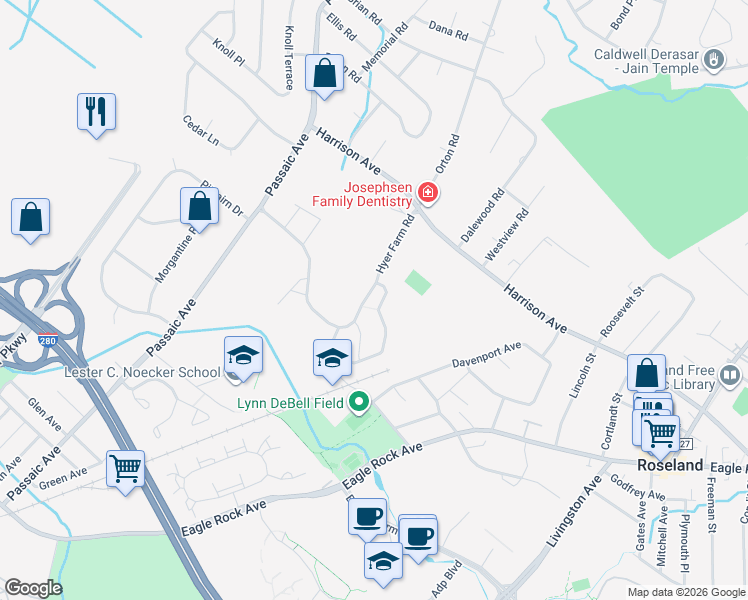 map of restaurants, bars, coffee shops, grocery stores, and more near 5 Cheryl Lane in Roseland