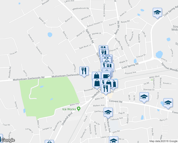 map of restaurants, bars, coffee shops, grocery stores, and more near 8 1st Street in Syosset
