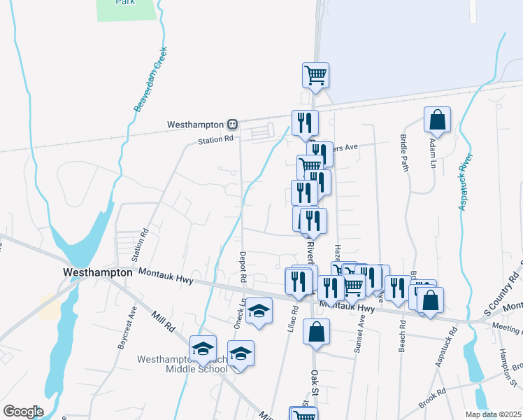 map of restaurants, bars, coffee shops, grocery stores, and more near 60 Depot Road in Westhampton Beach