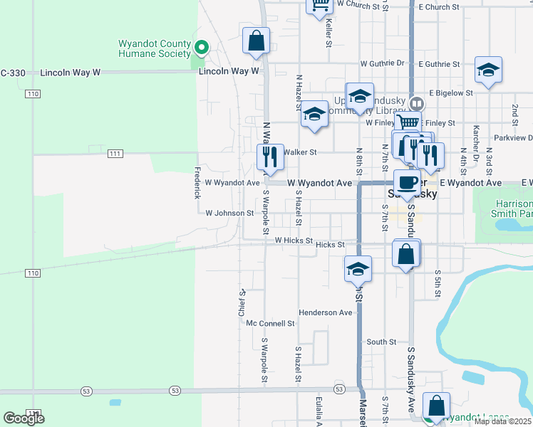 map of restaurants, bars, coffee shops, grocery stores, and more near 199 South Warpole Street in Upper Sandusky