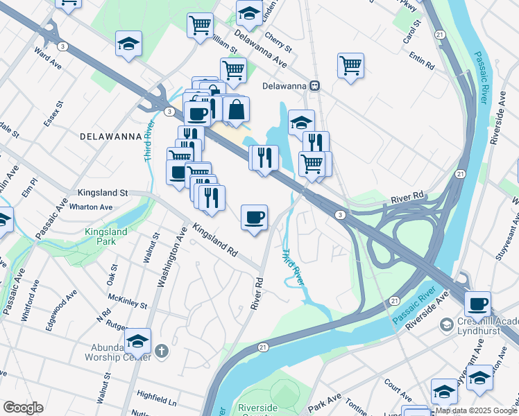 map of restaurants, bars, coffee shops, grocery stores, and more near 77 River Road in Clifton