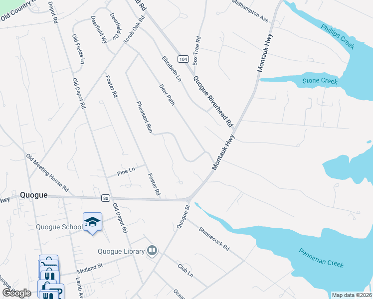 map of restaurants, bars, coffee shops, grocery stores, and more near 41 Pheasant Run in Quogue