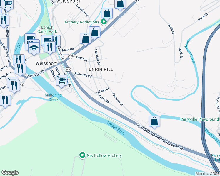 map of restaurants, bars, coffee shops, grocery stores, and more near 341 Fairview Street in Lehighton