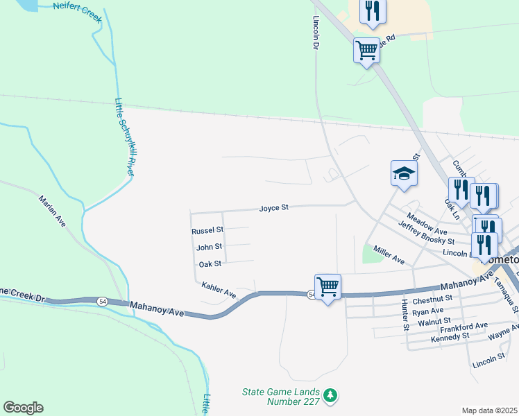 map of restaurants, bars, coffee shops, grocery stores, and more near Joyce Street in Hometown