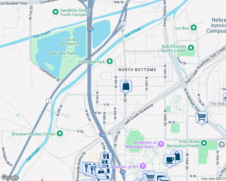 map of restaurants, bars, coffee shops, grocery stores, and more near 1223 North 9th Street in Lincoln