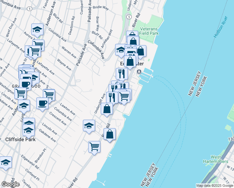 map of restaurants, bars, coffee shops, grocery stores, and more near 225 Edgewater Town Center in Edgewater