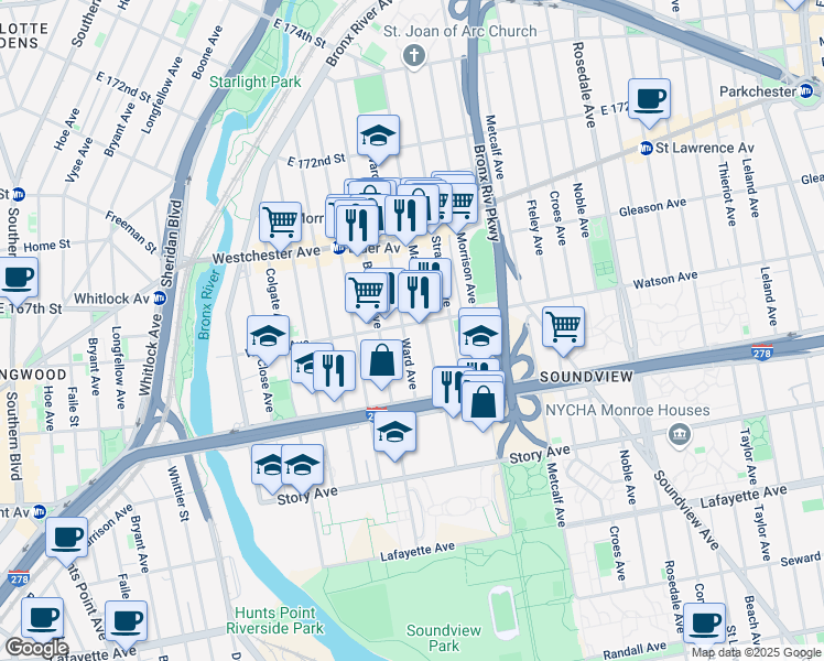 map of restaurants, bars, coffee shops, grocery stores, and more near 1050 Ward Avenue in The Bronx