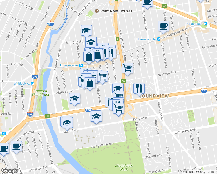 map of restaurants, bars, coffee shops, grocery stores, and more near 1065 Stratford Avenue in Bronx