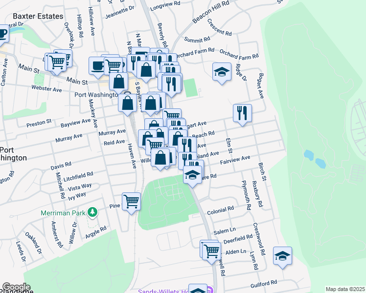 map of restaurants, bars, coffee shops, grocery stores, and more near 648 Port Washington Boulevard in Port Washington