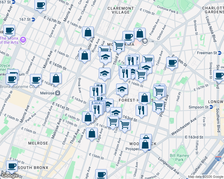 map of restaurants, bars, coffee shops, grocery stores, and more near 590 East 165th Street in Bronx